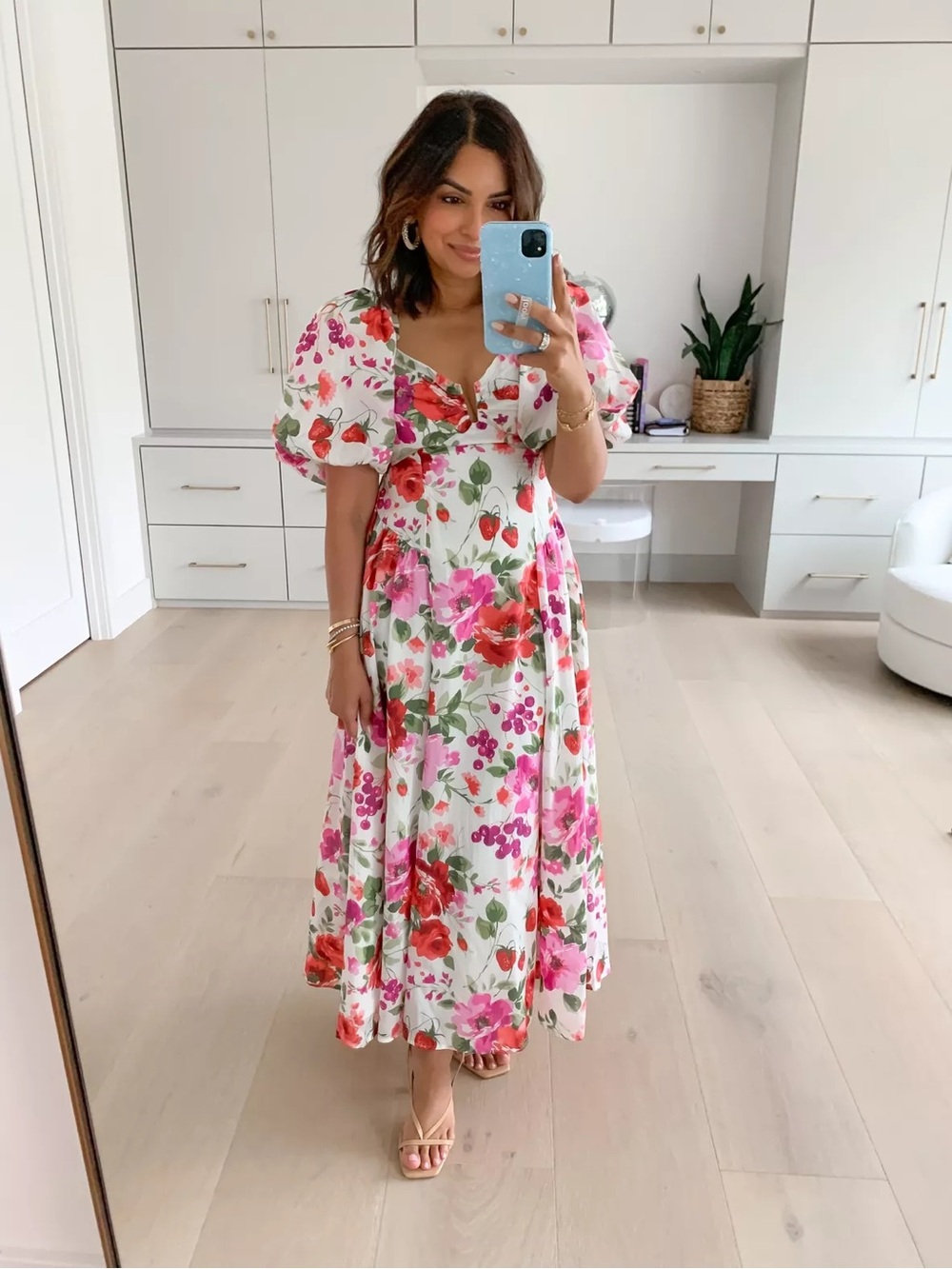 Abercrombie & Fitch Pink and Green Floral Puff Sleeve Midi Dress Medium Tall